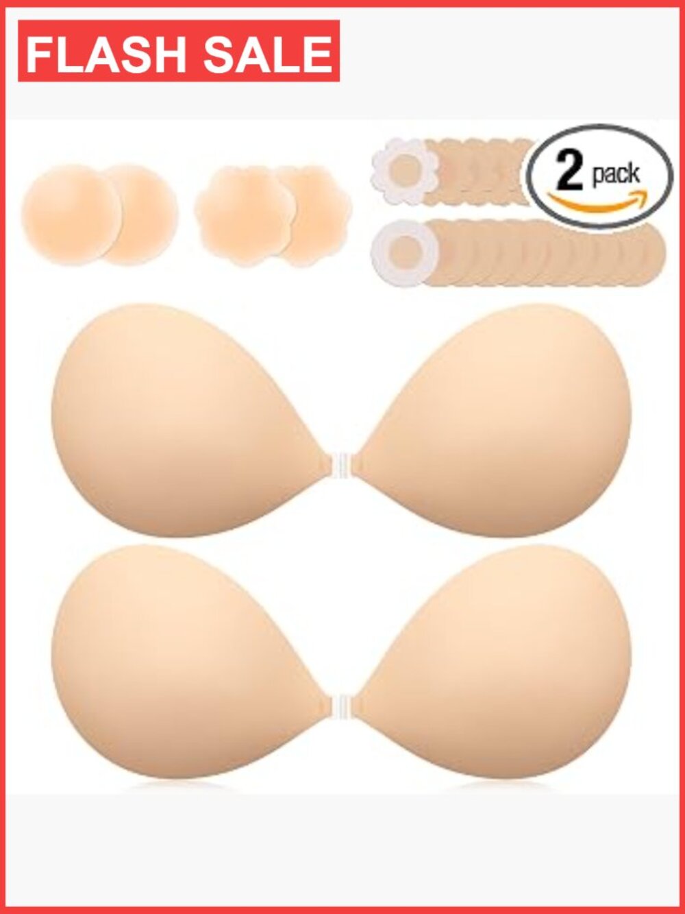 Reusable Adhesive Push Up Bra for Backless Dress, Silicone Nipple Covers, 2 Pack